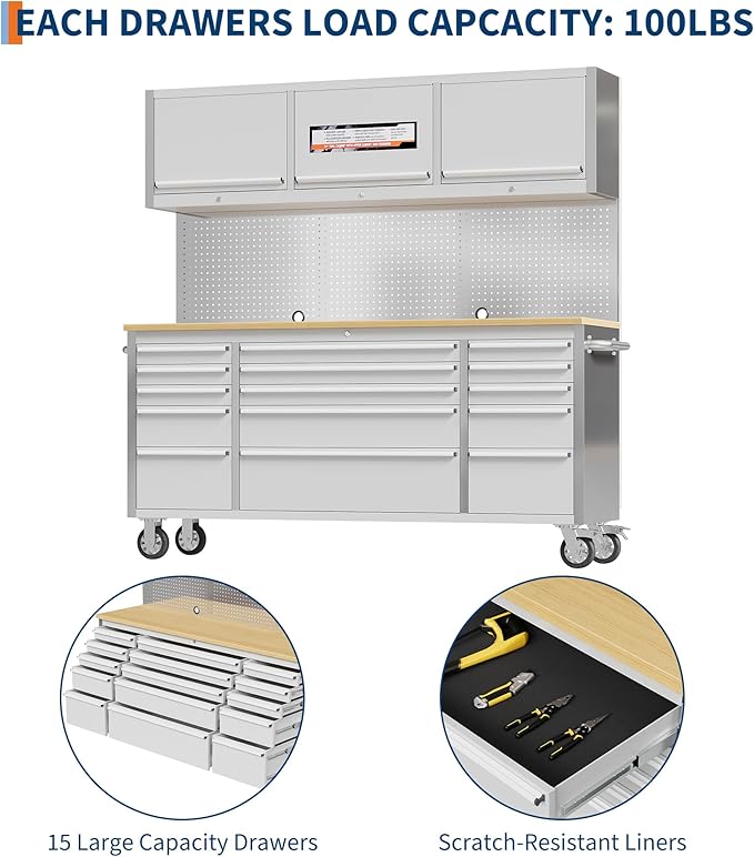 72 inch Tool Chest, Tool Box Mobile 15 Drawers, Storage Rolling Cabinet with Wheels, Lock Key Locking System Drawer Liners for Garage, Warehouse, Repair Shop