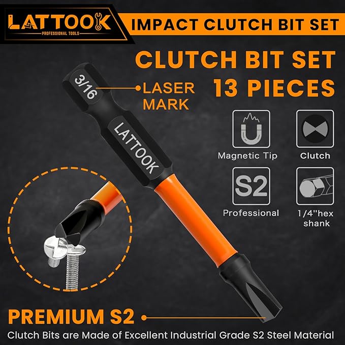 Impact Clutch Bits Set, LATTOOK 13PCS Type G Clutch Head Bits for Vintage American Cars, Chevy Cars and Trucks Older, Magnetic S2 Steel, 3/32'', 1/8'', 5/32'', 3/16'', 7/32'', 1/4'