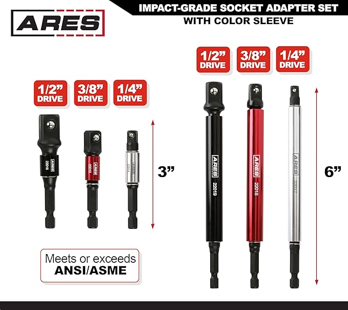 ARES 22013-6-Piece 3-Inch and 6-Inch Impact Grade Socket Adapter Set with Color Sleeve - Turns Impact Drill Drivers into High Speed Socket Drivers - 1/4-Inch, 3/8-Inch, and 1/2-Inch Drive