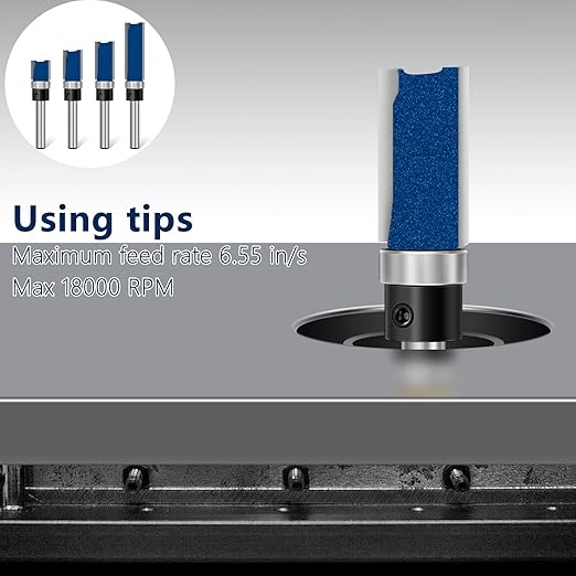 Feanron 4 Pcs Straight Cut Router Bits Flush Trim Router Bit Set 1/4 Inch Shank, Template Route Bit with Bearing Prevent Tear-Out, Durable Pattern Route Bit Milling Cutter for Woodworking (Blue)