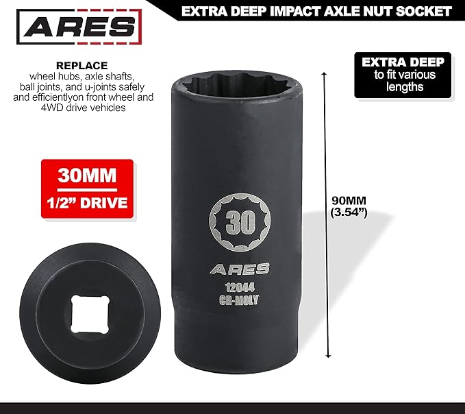 ARES 12044-30MM Axle Nut Socket - 12 Point Socket - Extra Deep 1/2-Inch Drive Impact Socket for Easy Removal of Axle Shaft Nuts