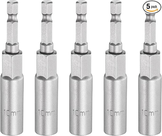 HARFINGTON 5pcs Nut Driver Drill Bit 10mm Metric Socket 1/4" Hex Shank 3.15" (80mm) Long 6-Point Sockets Quick Change CR-V Steel Bolt Setters for Power Drill Drivers