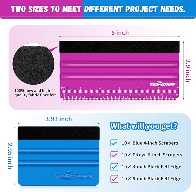 TECKWRAP Professional Squeegee for Vinyl, 20 PCS Plastic Felt Squeegee Tool Decals Inkjet Vinyl Sticker Paper, and Wallpaper Application Tools, 6 Inch Pitaya횞10 & 4 Inch Blue횞10