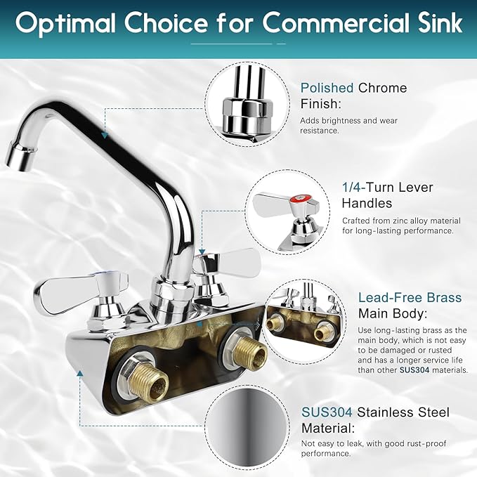 Leak-Free Commercial Sink Faucet 10" Swivel Spout, Wall Mount Kitchen Hand Sink Faucet with 4 Inch Center, 1/2" NPT Male Inlet, Brass Constructed & Chrome Polished, Dual Lever Handles