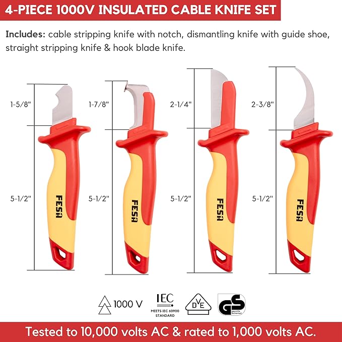 FESA Insulated Cable Knife Set - 4-Piece 1000V Insulated Electrician Knife Set for Cable & Wire Dismantling, Stripping & Skinning - With a Compact Zippered Storage Case - 1000V Insulated Tool Set