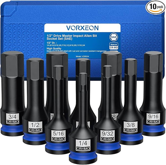 10 PCS 1/2" Drive SAE Impact Allen Hex Bit Socket Set 42CRMO with Storage Case 1/4” 9/32” 5/16” 3/8” 7/16” 1/2” 9/16” 5/8” 11/16” 3/4”
