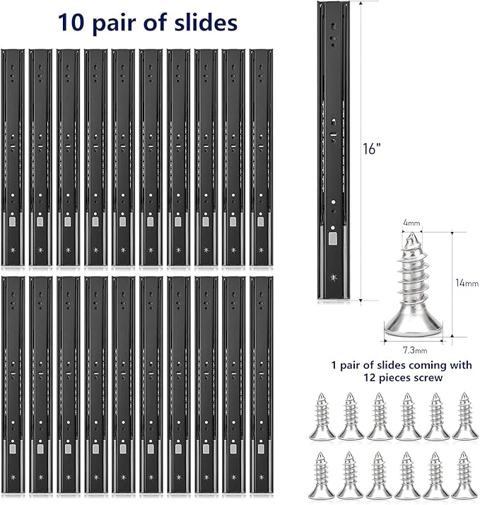 Ravinte 16 Inch Soft Close Drawer Slides 10 Pairs 20 Pack Black Full Extension Ball Bearing Drawer Glide Side Mount