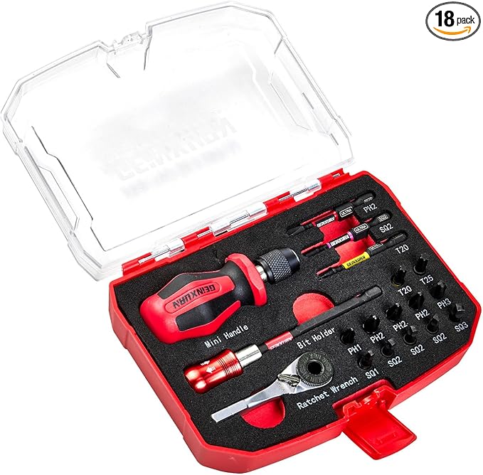 18 Pieces Tool Kit with Matching Storage Box, Include 1??2??S2 Steel Magnetic Screwdriver Bits (Phillips/Square/Torx), Mini Bit Handle, Mini Rachet Wrench, Bit Holder for Home Repairs