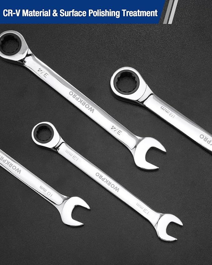 WORKPRO 13 mm Ratcheting Combination Wrench Metric, CR-V Constructed with Mirror Polish Chrome Plating, 12-Point Design, 15-Degree Offset