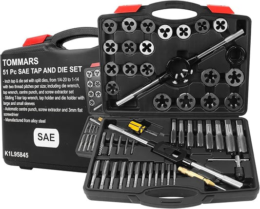 TOMMARS 51-Pc 1/4-20 to 1-14 Jumbo Tap and Die Set SAE Round Threading Dies for Threading and Rethreading Internal and External Threads