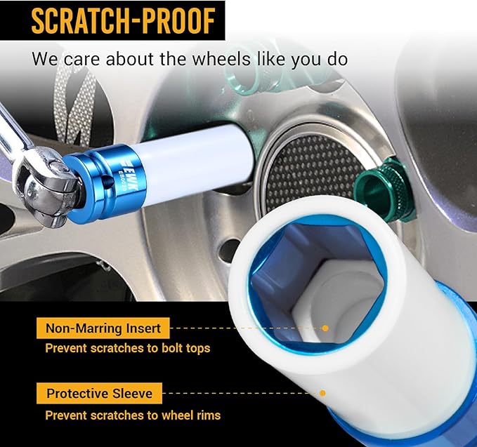 EWK 1/2" Drive 17mm Lug Nut Socket, 17mm Socket for Wheel Service, Non-Marring Protective Sleeve Prevents Damage to Custom Rims