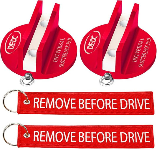 DEDC Universal Pinch Weld Jack Pad 2 Pcs Red, Magnetic Aluminum Jacking Puck Frame Rail Protecotr with 2 Reminder Streamers Compatible, Garage Accessories for Mechanics
