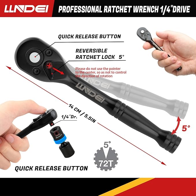 LLNDEI 1/4-Inch Drive Swivel Socket Set, 32 Pieces Standard SAE(5/32 to 9/16") Metric Size(4-15mm) CR-MO Wobble Sockets, 6 Point with Ratchet Wrench Handle, Extension Bars and Adapter