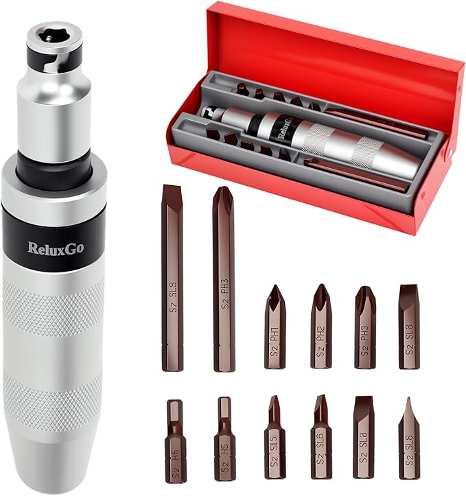 1/2" Hand Manual Impact Driver, Manual Reversible Impact Hammer Screwdriver Set Includes 12-Piece Slotted, Phillips, Hexagonal Bit Set, for Removing Rusted Fasteners or Frozen Bolts