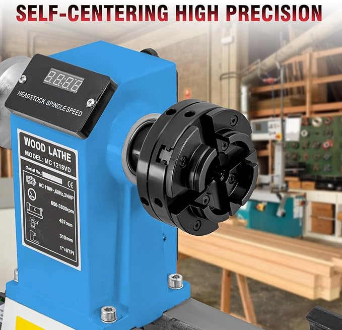 12" x 18" Digital Display Benchtop Wood Lathe Machine and 4 Inch 4 - Jaw Wood Lathe Chuck Set