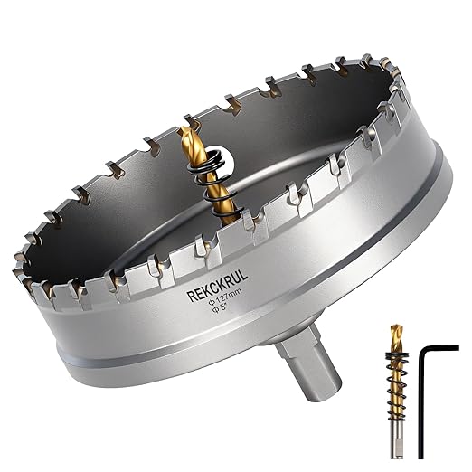 5" (127mm) TCT Carbide Hole Saw Kit for Metal - Heavy Duty Hole Cutter Drill Bits Set with 2 Titanium/Step Pilot Drill Bits & L-Wrench, Cuts Stainless Steel, Iron, Aluminum, Wood, Plastic
