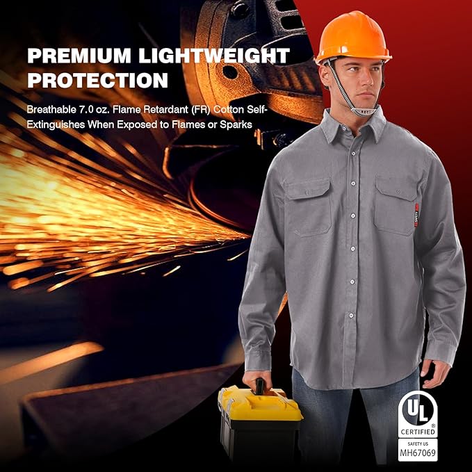 SKSAFETY 7oz FR Shirts for Men, Welding Shirt Hi Vis Flame Resistant 100% Cotton Fire Retardant Longsleeve Shirt CAT2