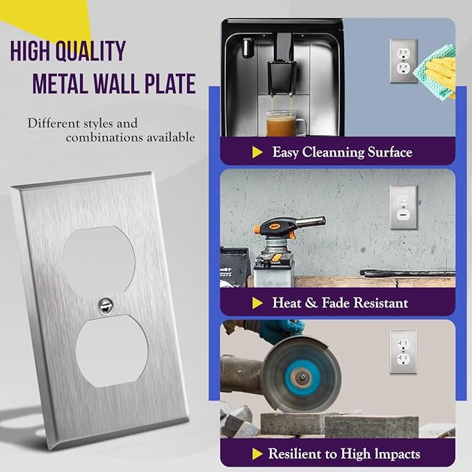 ENERLITES Duplex Receptacle Metal Wall Plate, Stainless Steel Outlet Cover, Corrosion Resistant, Size 1-Gang 4.50" x 2.76", UL Listed, 7721, 430, Silver