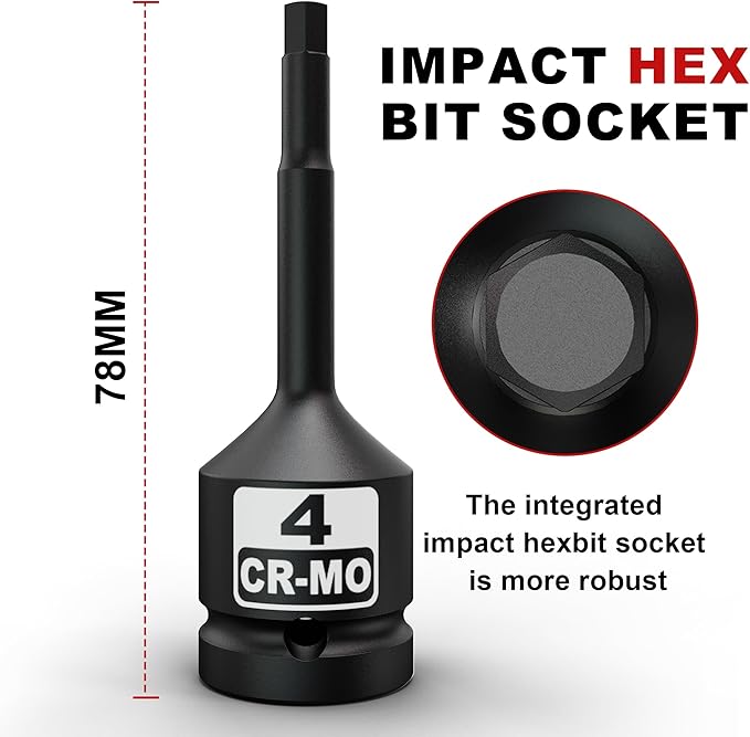1/2" Drive 4 mm Hex Impact Bit Socket, H4 Allen Bit Socket, Metric, Cr-Mo Steel, Automotive Repair Industrial Maintenance and DIY Enthusiasts Alike