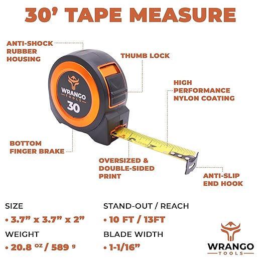 Wrango Tools 30 FT Tape Measure - Retractable Measuring Tape - Oversized & Double-Sided Print - Blade Lock, Finger Brake - High Performance Nylon Coating, 10' Stand-Out - 13' Reach / 1-1/16" Blade