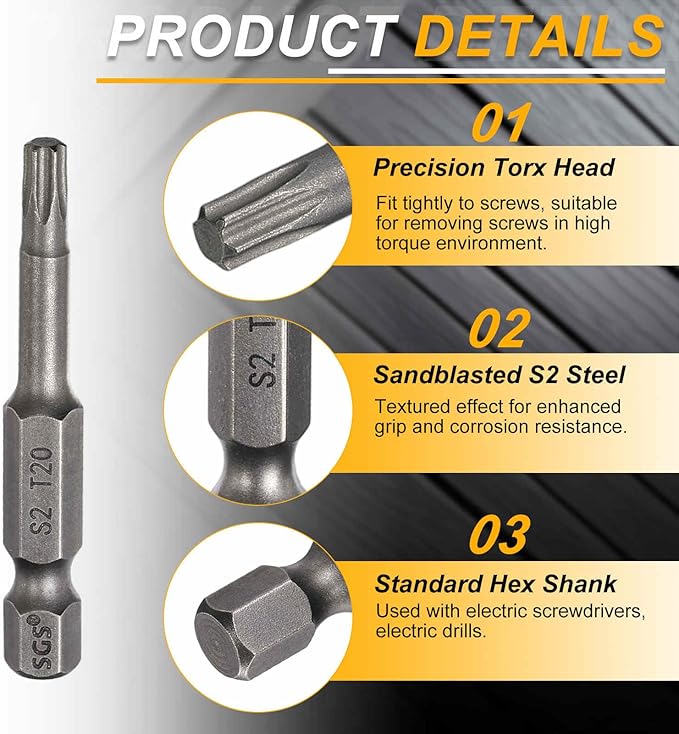 HARFINGTON 2pcs T20 Torx Head Screwdriver Bit 1/4" Hex Shank 2" (50mm) Long Magnetic No Hole Tip Tamper Proof 6 Point Star Screw Driver Drill Bits S2 Steel Industrial Power Screwdrivers