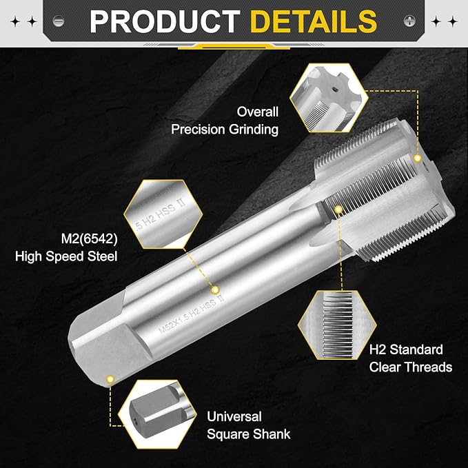 uxcell Hand Plug Tap M52 x 1.5 H2 Metric Thread Plug Style Taps Straight Flute Screw Tapping Threading Tool High Speed Steel HSS6542