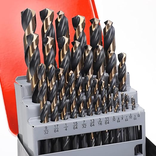 29Pcs Drill Bit Set, 135째 Tip HSS with Black and Gold Finish, Twist Jobber Length Drill Bit Kit for Hardened Metal, Cast Iron, Stainless Steel, Plastic and Wood with Storage Case 1/16"-1/2"