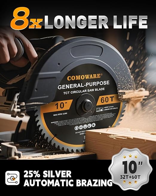 COMOWARE 10 inch Miter Saws Blade, 32T & 60T ATB Circular Saw Blade, 5/8" Arbor, TCT Carbide-Tipped, Anti-Vibration, Teflon Anti-Stick, Miter Saws Blades for Wood, Laminate, Plywood & Hardwoods