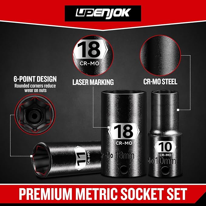 14-Piece 3/8" Drive Semi-Deep Impact socket set, Metric Size (8-22mm) 6-Point Socket Set, CR-MO Steel for Automotive & Industrial