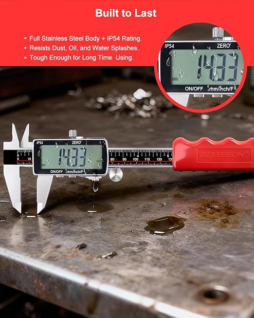 Digital Caliper, 6 Inch Rechargeable & Power Indicator Caliper Measuring Tool - 0.01mm Accuracy, Large LCD Vernier Calipers - IP54 & Stainless Steel, MM/Inch/F for Metal & Wood Working, 3D Printing