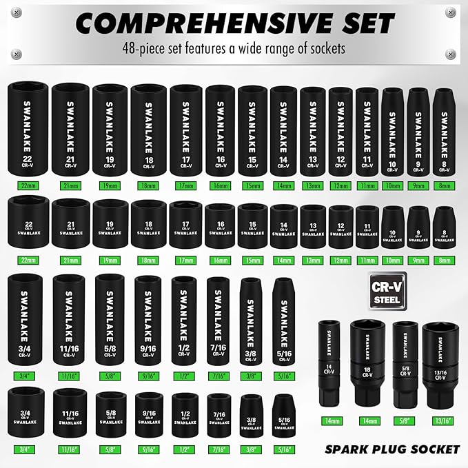 105-Piece 3/8" Drive Impact Socket Set, SAE (5/16 to 3/4 inch) and Metric (8-22mm) 6 Point CR-V Steel Socket Wrench Set, Extension Bars, Universal Joint, Ratchet Handle, Screwdriver Bit Mechanic Tool