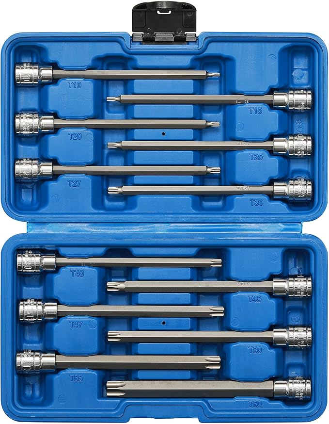 EMENTOL 12PCS 3/8" Drive Extra Long Torx Bit Socket Set, CR-V, S2 Steel, 5.9" Length Star Bit Socket Set, T10 - T60