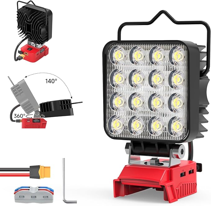 New Upgrade Azocek LED Work Light Compatible with Mil-wau-kee 18V Battery, 48W 4800LM Flashlight, 18V Battery Cordless Work Light with Low Voltage Protection & Dual USB & Type-C Charging Port (48W)