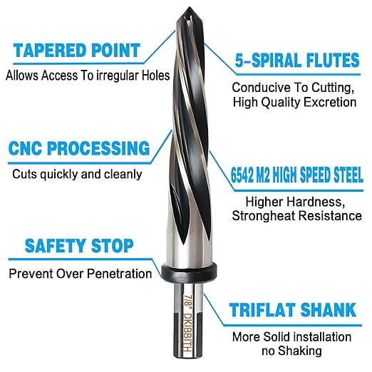 7/8??Bridge Construction Reamer Drill Bit, M2 HSS Taper Chucking Reamer for Steel Alloy Metal Wood Plastic, 1/2" Non-Slip Shank, 5-Spiral Flutes Car Reamer, to Align or Enlarge Holes, 22mm