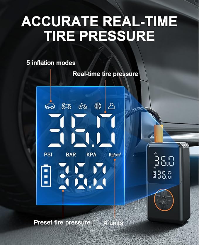 Tire Inflator Portable Air Compressor - 150PSI Electric Bike Pump, Auto Shut Off & Digital Pressure Gauge, Cordless Air Pump for Car Tires, Motorcycles, Balls with LED Light