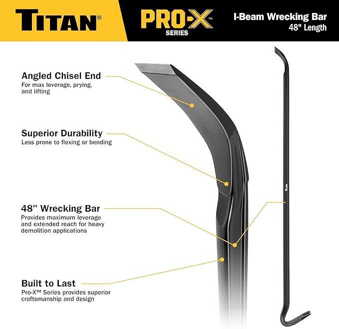 Titan Pro-X 63802 48-Inch I-Beam Wrecking Bar with Curved Gooseneck Design, Fully Hardened High Carbon Steel Construction, Angled Chisel End, Flat Striking Target