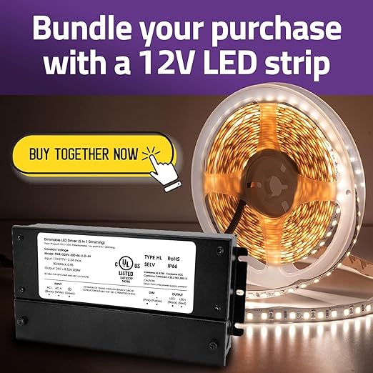 HitLights 200W Dimmable LED Driver, Electronic Transformer, 120V AC to 12V DC Power Supply for LED Strip Light, IP66 Rated, Dimming with TRIAC, 0-10V, 1-10V, Potentiometer, 10V PWM, UL Listed, Class 2