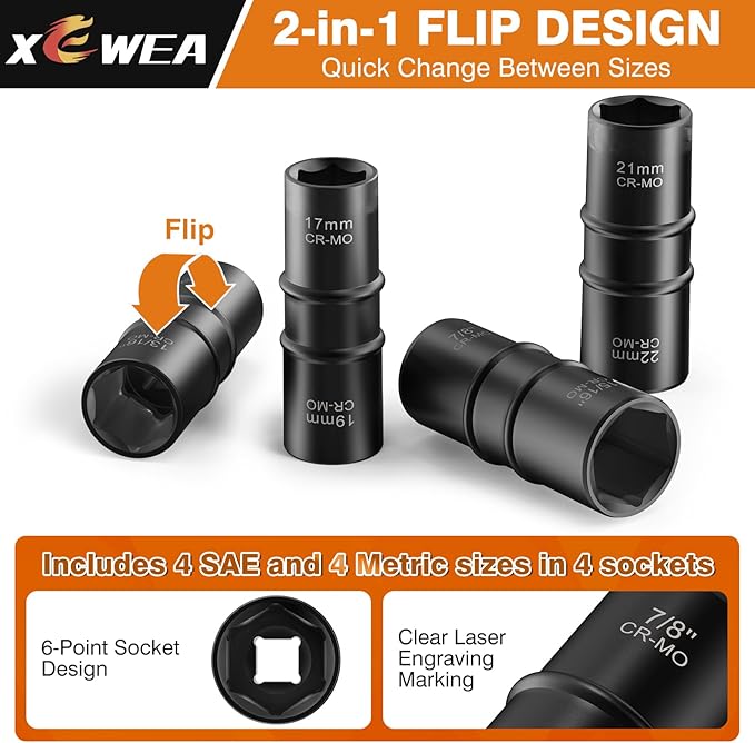 1/2 Inch Drive 3/4" x 13/16" Thin Wall Impact Flip Socket,XEWEA Lug Nut Impact Socket Set Double Ended Thin Wall Nut Sockets CR-MO Twist Removal Tool for Stripped Rusted Bolts