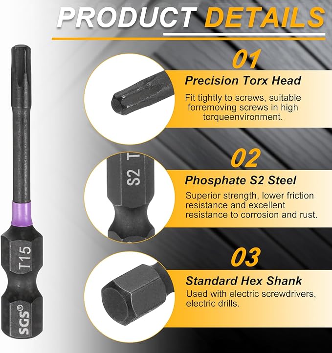 HARFINGTON 5pcs T15 Torx Head Impact Screwdriver Bits 1/4" Hex Shank 2" (50mm) Long Magnetic No Hole Tamper Proof 6 Point Star Screw Driver Drill Bits Phosphate S2 Steel Power Tools