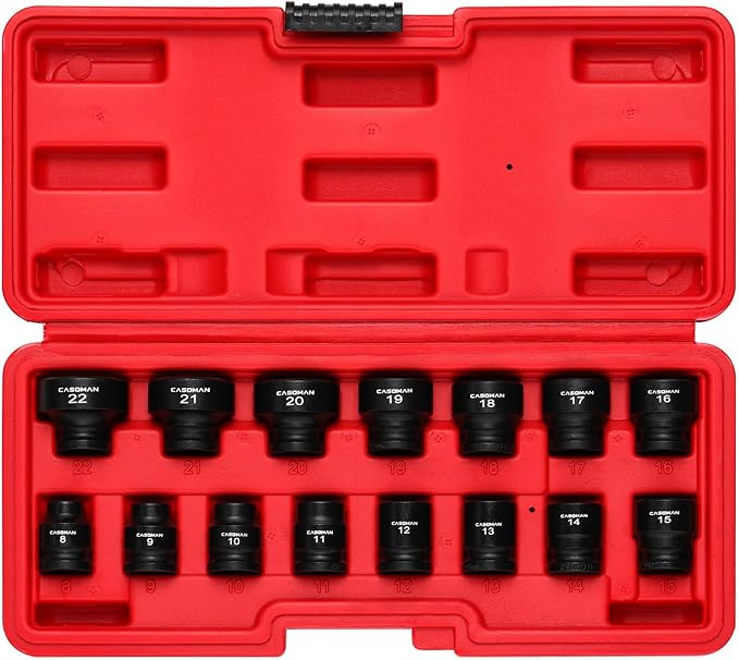 CASOMAN 15PCS 3/8" Drive Stubby Impact Socket Set, Low Profile, 8-22mm, Metric, CR-MO, 6-Point, 15 Pieces Shallow Socket Set for Automotive Maintenance, Repairs and DIY, for Tight Areas