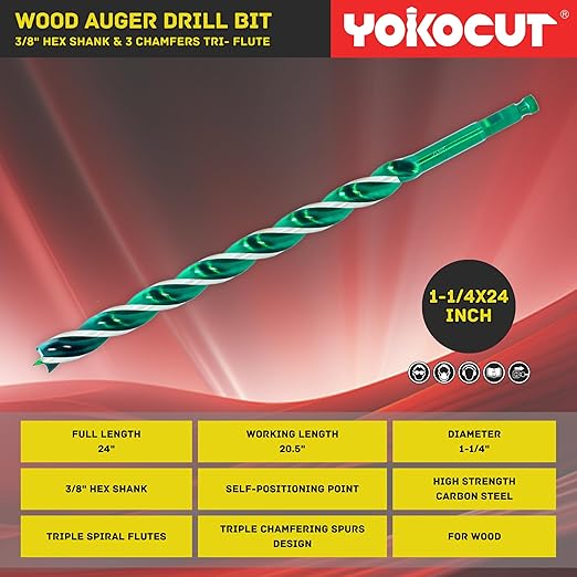 1-1/4" x 24" Auger Drill Bit for Wood, Hex Shank Tri-Flute Drill Bits, Ship Auger Long Drill Bit for Soft and Hard Wood, Plastic, Drywall, Tree Stump and Composite Materials