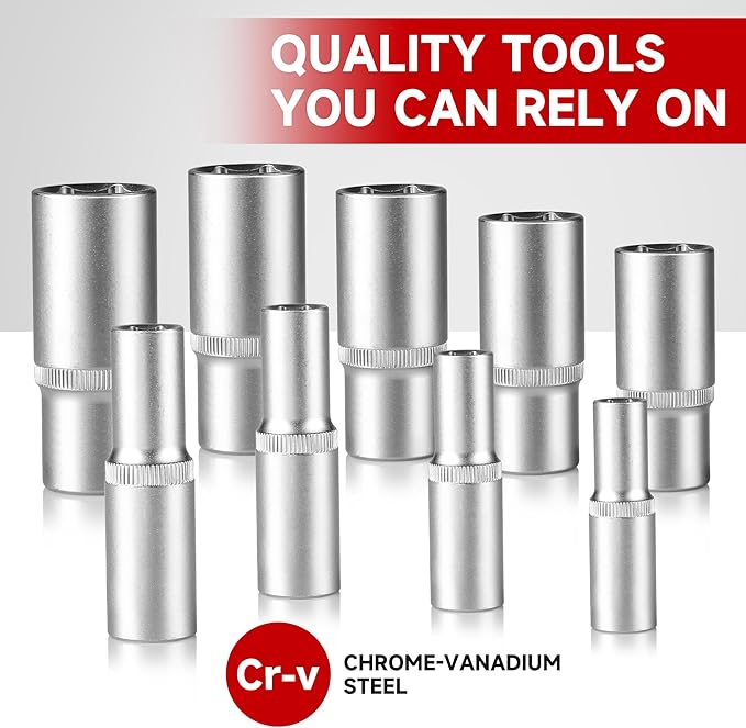17-Piece 1/2" Drive Deep Socket Set & Tool Set - Metric (8mm-24mm) CR-V Steel with EVA Tray for Automotive | Bike | Motorcycle | Furniture | Home DIY