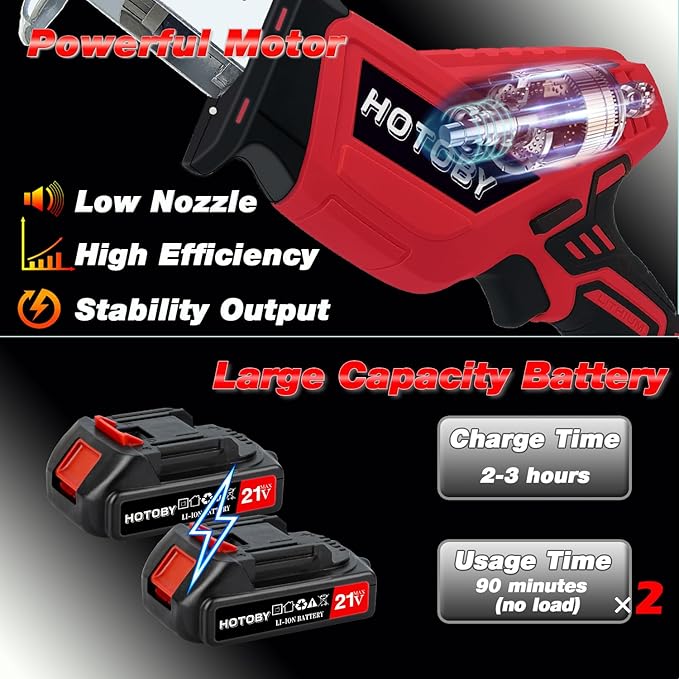 Reciprocating Saw, Cordless, Electric Reciprocating Saw with 2 Batteries, Includeds 8 Blades Kit, Tool-free Blade Change, Variable Speed, Multi-Purpose, For DIY Wood Metal PVC Cutting (Red)