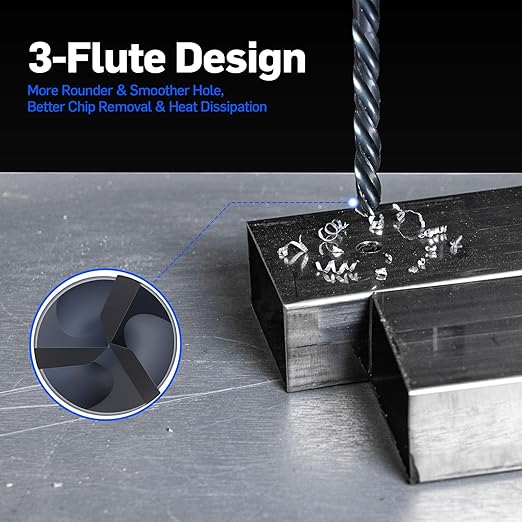 3-Flute Cobalt Drill Bit Set, M35 Metal Drill Bits for Metal and Steel, Oxynitride Coated, 3-Flats Shank, 135 Degree Split Point, for Hardened Steel, Stainless Steel, 17-Piece, 1/16"-3/8"
