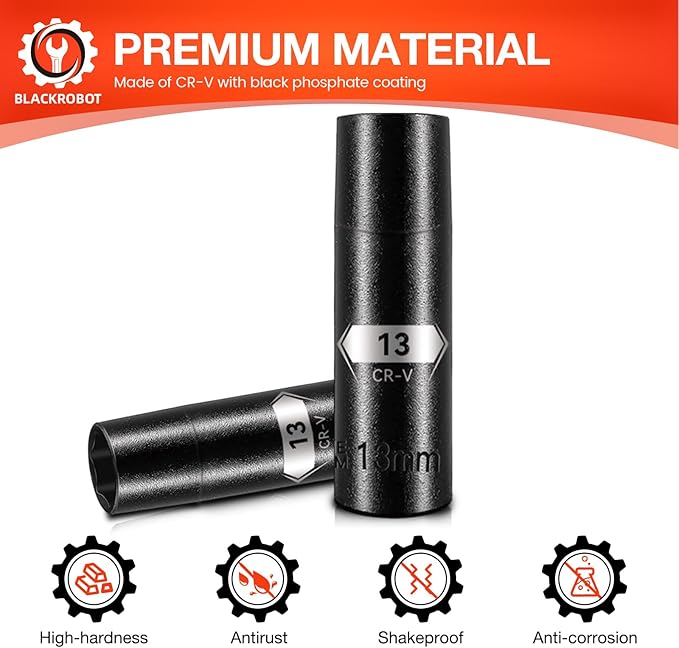 BLACKROBOT 1/2 Inch Drive 6-Point Deep Socket, 13mm Deep Impact Socket, CR-V Steel