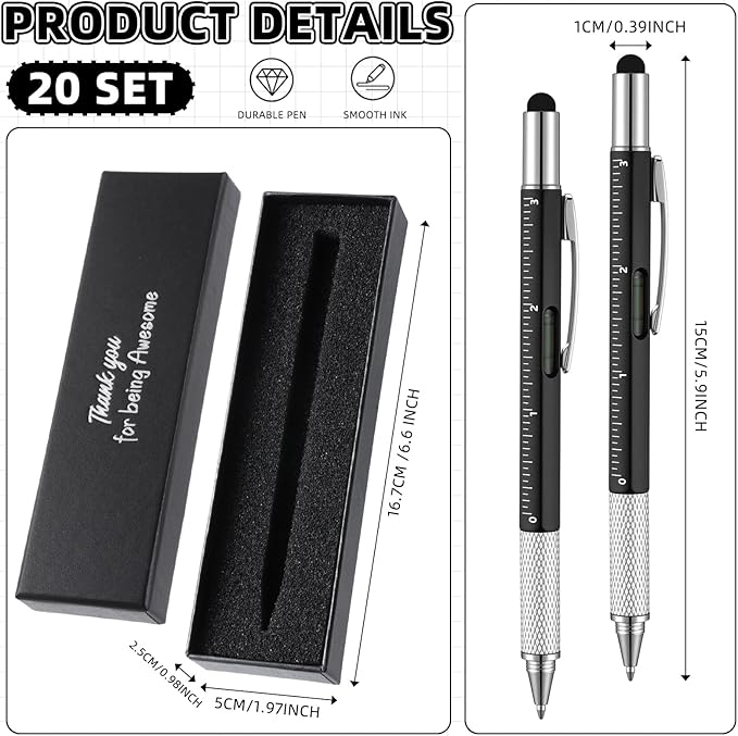 20 Sets Employee Appreciation Gifts for Adult Men Multi Tool Pen with Motivational Quote Boxes Stocking Stuffers Bulk for Father's Christmas White Elephant Gifts (Black)