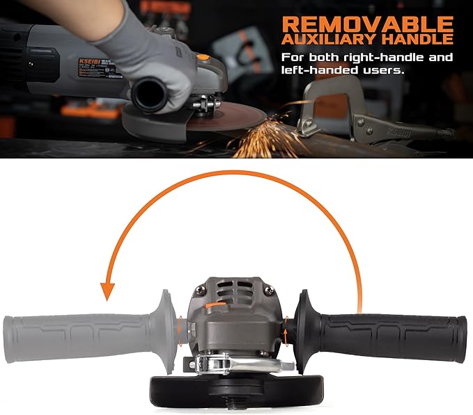 KSEIBI 711943K Angle Grinder Tool - 4 1/2 inch, 950W, 8Amps, 11000RPM, Corded Power Tools Long Handle with 7/8" Arbor Grinding and Cutting Wheels, Flap Disc, Quick Adjustable Guard, and Storage Bag
