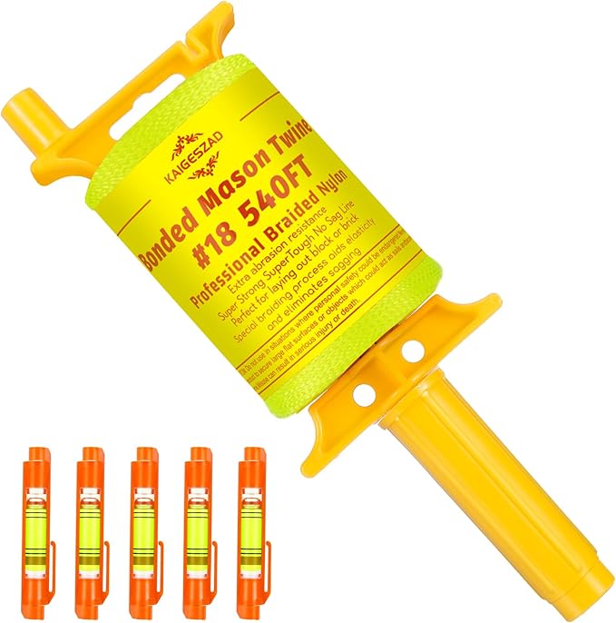 Mason Line with Handle,Twisted 540 FT #18 Braided Nylon Mason String with 5 Built-in Levels and Spool Construction Line,String Level Line Kit for Gardening Or Masonry Tools, Fluorescent Yellow