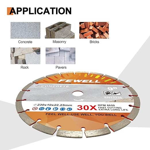 FEWELL 9 Inch Diamond Blade, Segmented General Purpose Blade Dry/Wet Cutting Concrete, Masonry, Brick, Block(1 Pack)