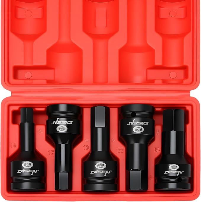 DISEN 3/4 Inch Drive Impact Hex Driver Set, 5-Piece, Metric, 14mm, 17mm, 19mm, 22mm, 24mm, CR-MO Steel, Professional Mechanic Repair 3/4??Hex Socket Set
